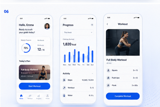 Fitness and workout mobile application screens