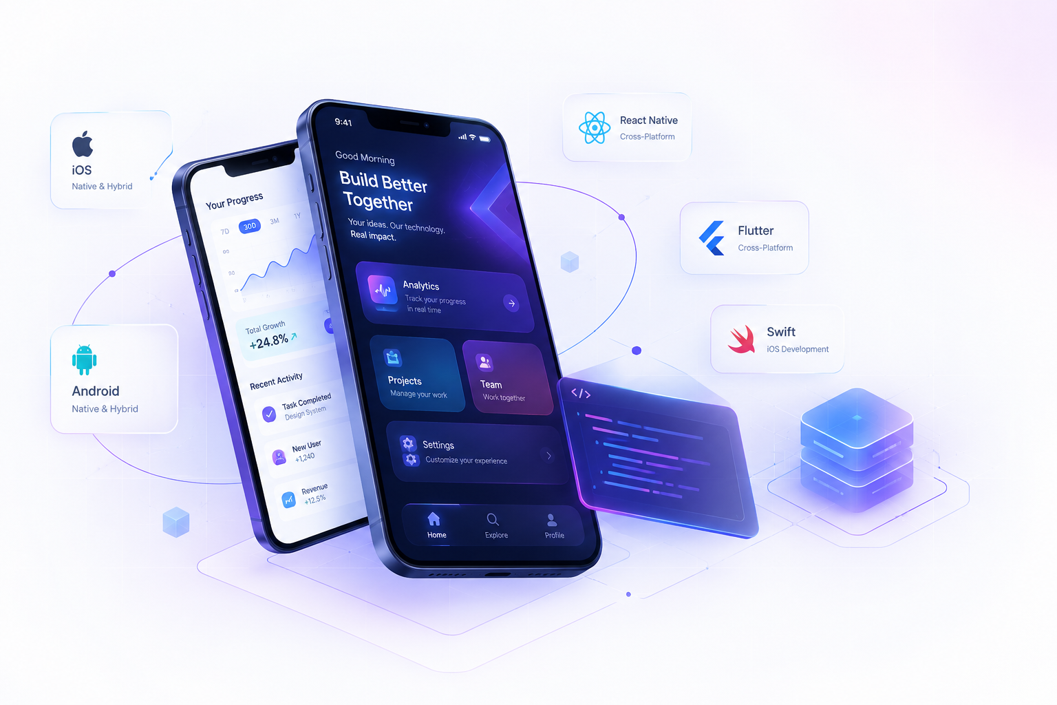 Mobile application interfaces surrounded by iOS, Android, React Native, Flutter, and Swift technology cards