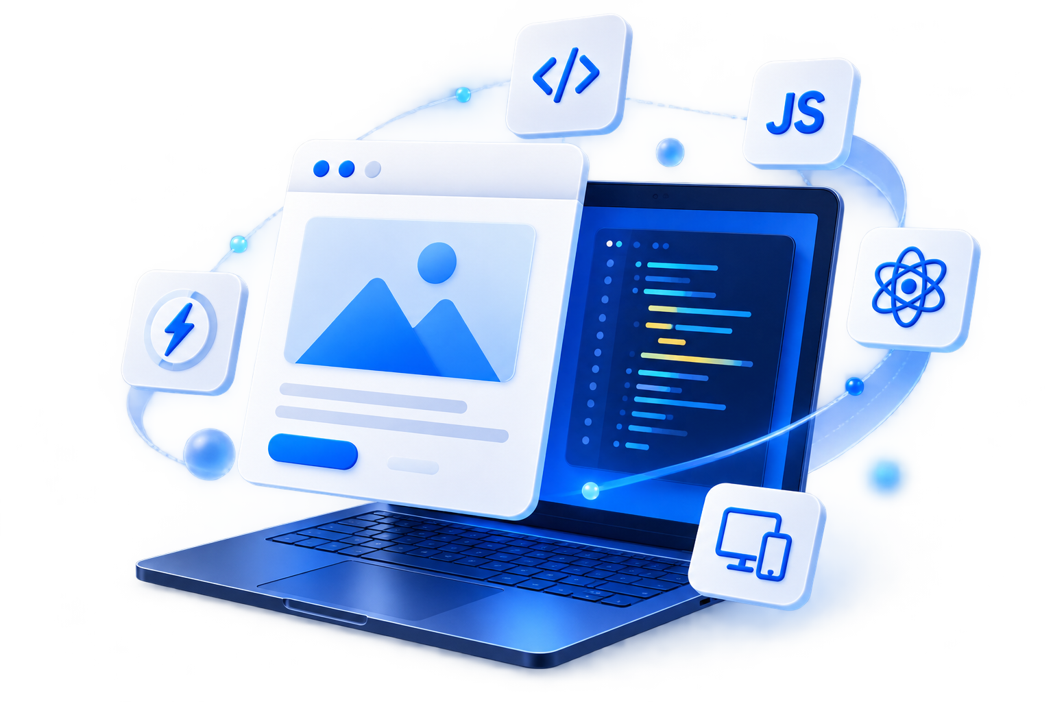 Modern web application development illustration showing a browser, laptop, React, JavaScript, and responsive device icons